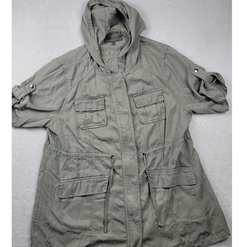 Torrid Sage Green Lyocell Hooded Utility Jacket Womens 1 Plus Drawstring Cargo